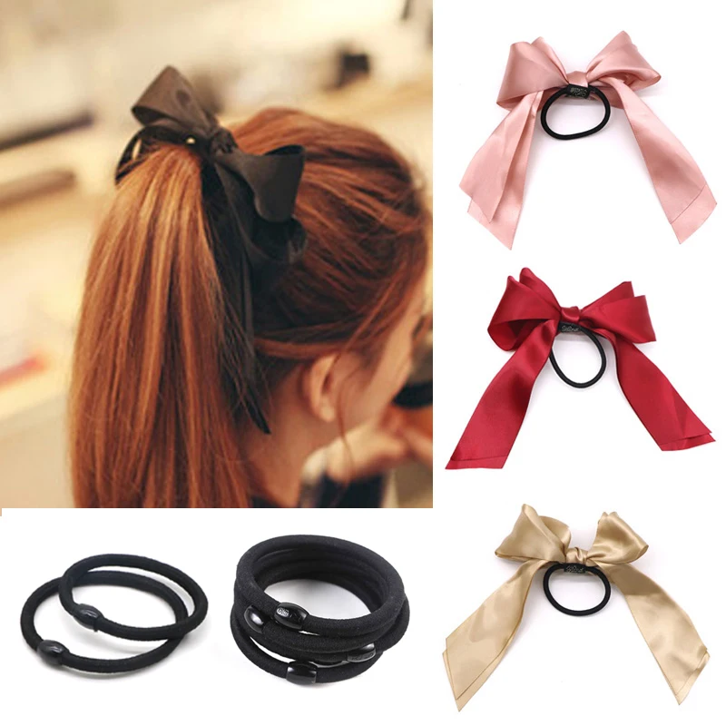 6 шт. тиара атласные волосы лук лента, украшение для волос Scrunchie черный конский хвост держатель резинки для волос аксессуары для волос для