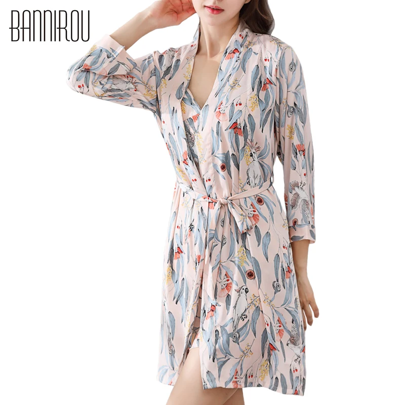 

Female Bathrobes Gowns Silks Satins Chiffon Set Flowers Pink Full Thin Robes Two-piece Suits Woman Nightgowns Autumn Spring 2019