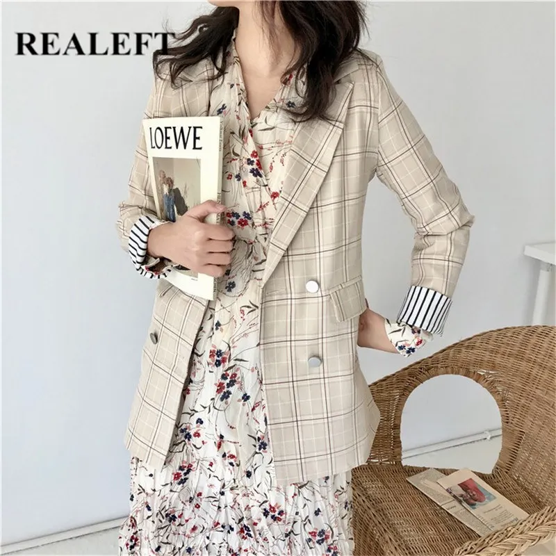 

REALEFT Vintage Double Breasted Plaid Women Blazer Spring Pockets Jackets Female Retro Suits Coat Work Feminino Outerwear Women