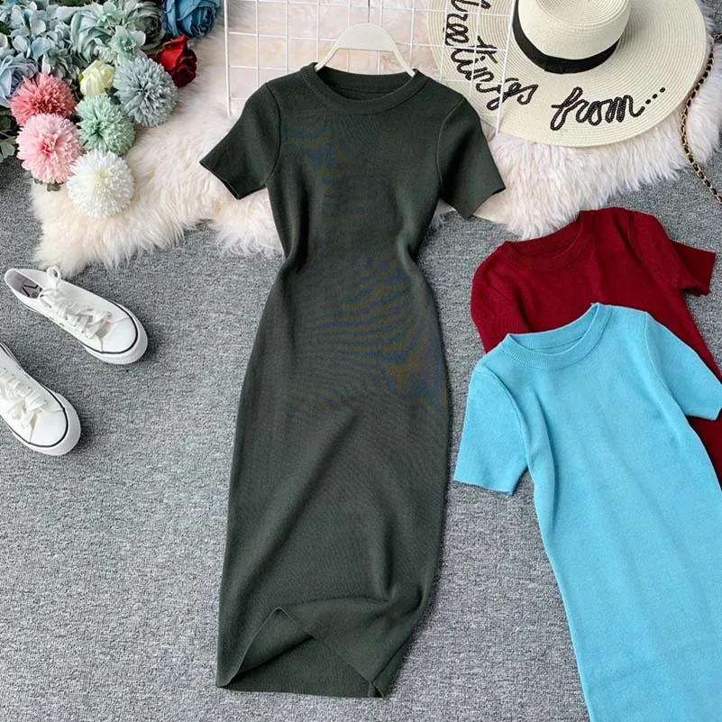 Vestidos вязаный однотонный Для летних вечеринок платья для женщин с 2021 О образным