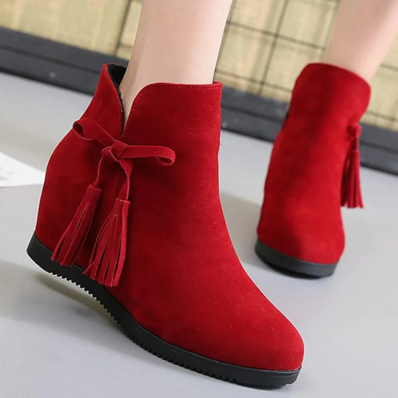 

Women's shoes ankle boots flock fringe zip designer ladies boots increase within hard-wearing wedges botas feminina