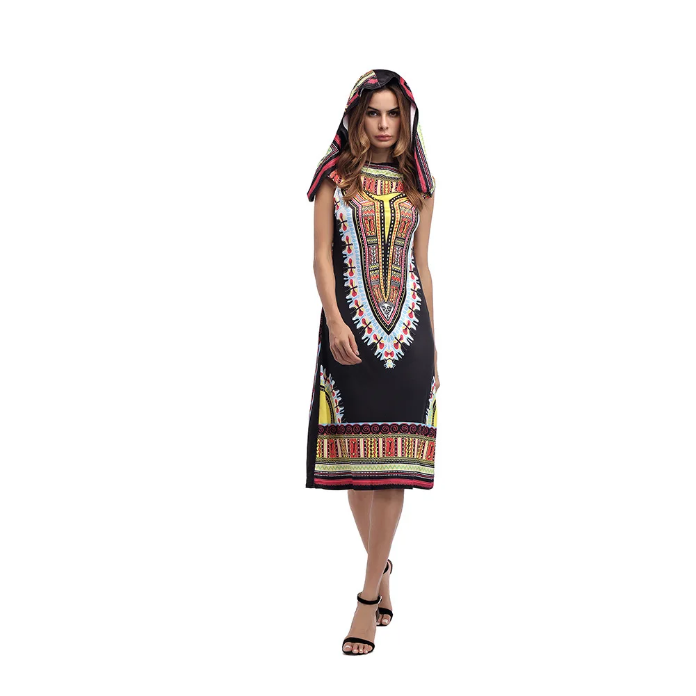 2018 Women Dress Suits Printed Geometric Hooded sleeveless summer printing hooded skirt female fashion national style Dress