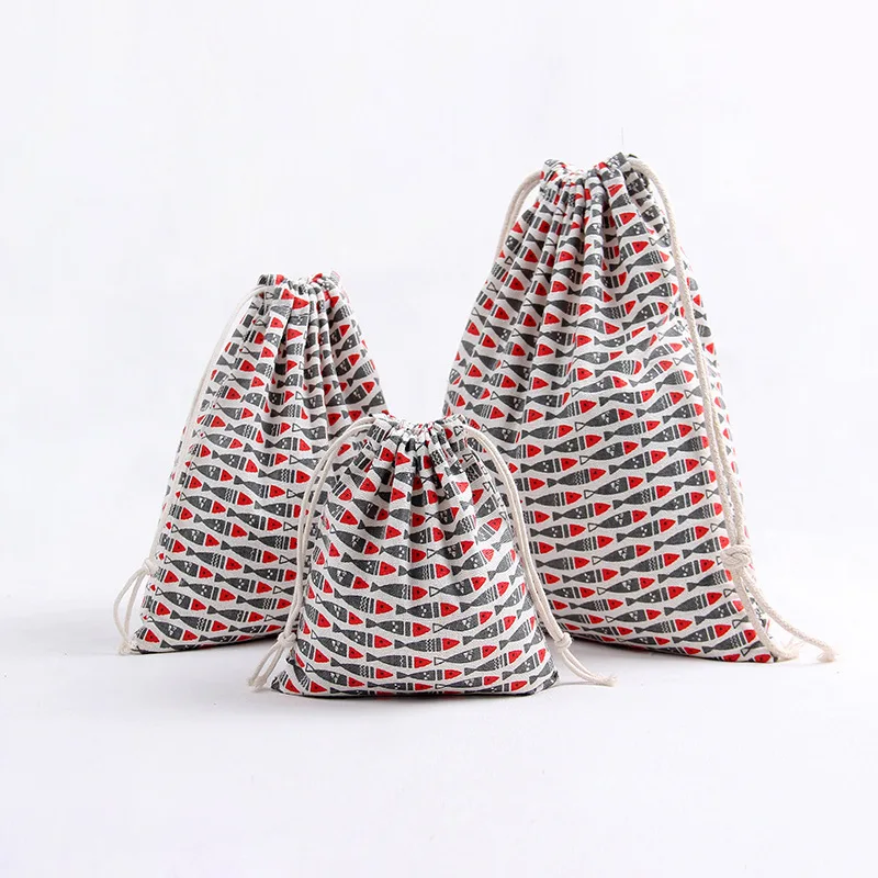 

YILE 1pc Lucky Fish Cotton Linen Drawstring Party Gift Bag Multi-purpose Pouch Print Grey Red Fish 8129d