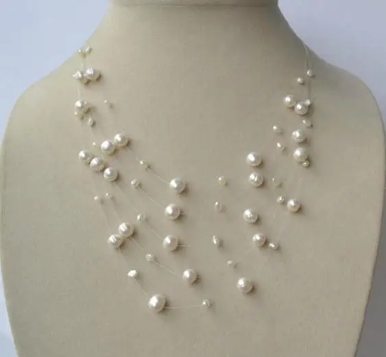 

Perfect Pearl Jewelry,White Color Illusion Multistrand Genuine Freshwater Pearl Necklace,Fashion Lady's Wedding Party Jewelry.