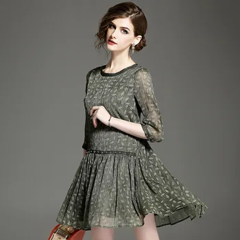 

European Designer 2018 runway autumn and winter new fashion sleeves o neck printing solid dress breathable floral charm dress