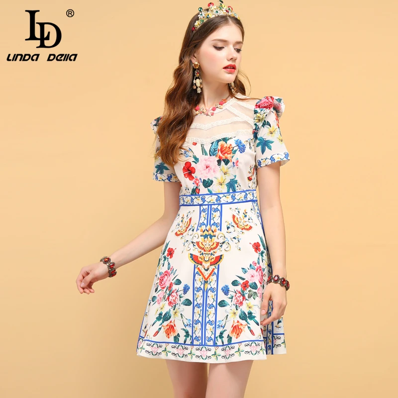 

LD LINDA DELLA Fashion Runway Summer Dress Women's Short Sleeve Lace Patchwork Ruffles Floral Print Ladies Casual Elegant Dress