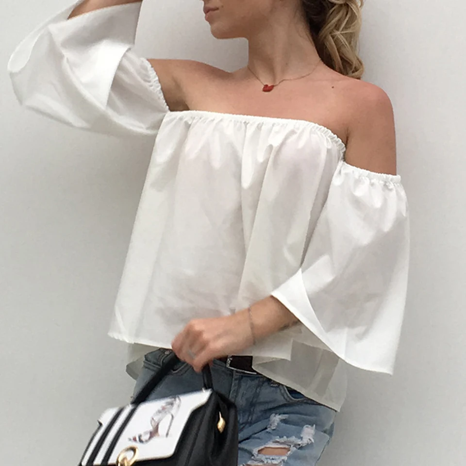 Открытые плечи с открытой спиной рубашка Vetement Femme 2019 Slash шеи обычная белая