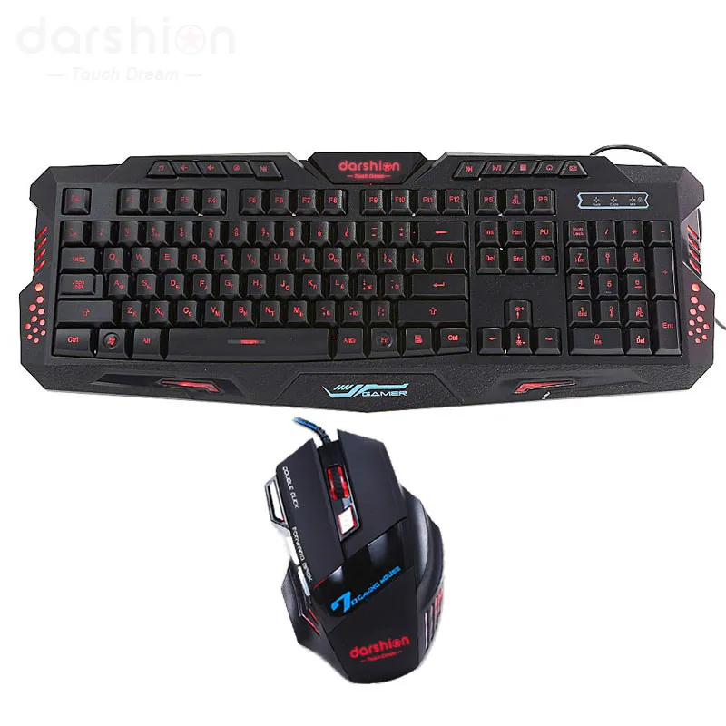 Russian Gaming Keyboard Mouse Combo Backlit LED+Colorful Gaming Mouse Breathing Light 7 Buttons 3600DPI for Desktop Laptop