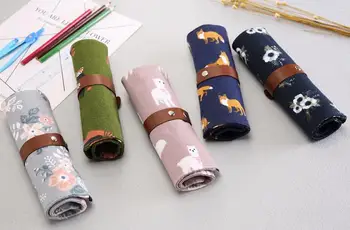 

Fox Raccoon Animal Flowes Canvas Roll UP pencil bag Stationery Storage Organizer Bag Pouch Kids School Office Supply