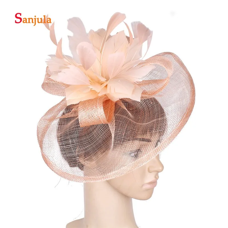 

High Quality Linen Hats with Feathers Bride Wedding Headwear Handmade Hats for Women Party tocados para novias de flores H69