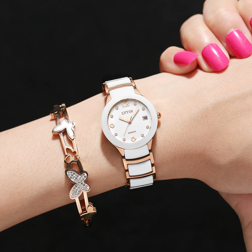 Lvyin Роскошные брендовые керамические часы, женские модные простые водонепроницаемые кварцевые часы, женские элегантные деловые часы, женские нарядные часы 042