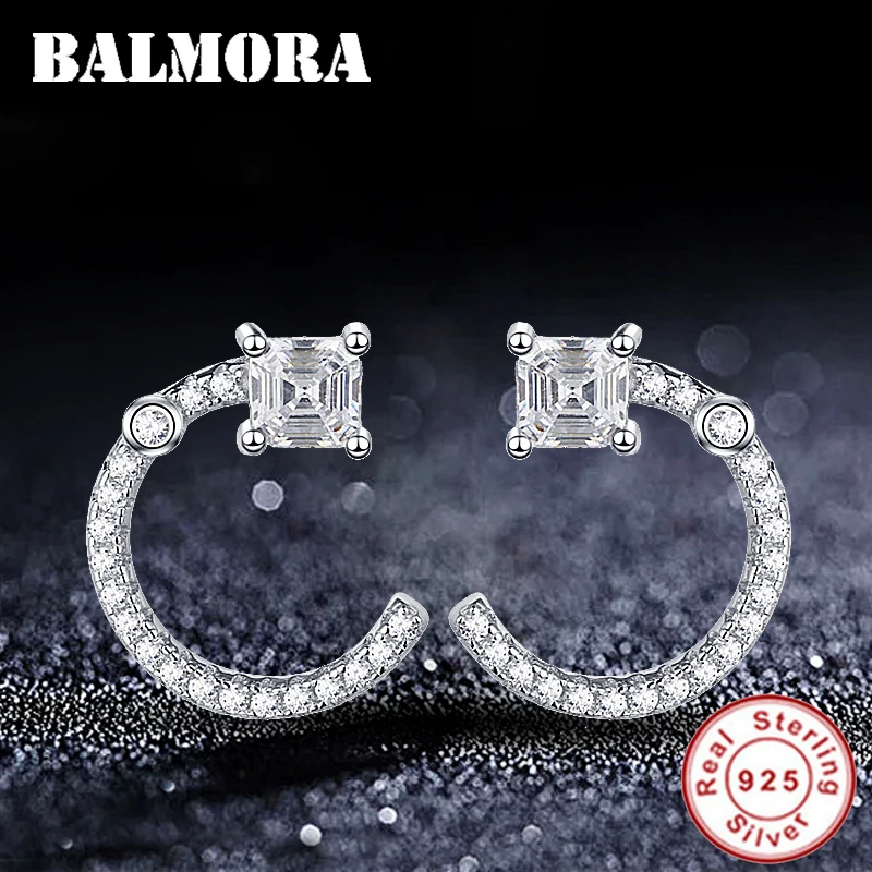 

BALMORA 100% Real 925 Sterling Silver Semicircle Zircon Stud Earrings for Women Student Earrings Jewelry Brincos JWSE1732