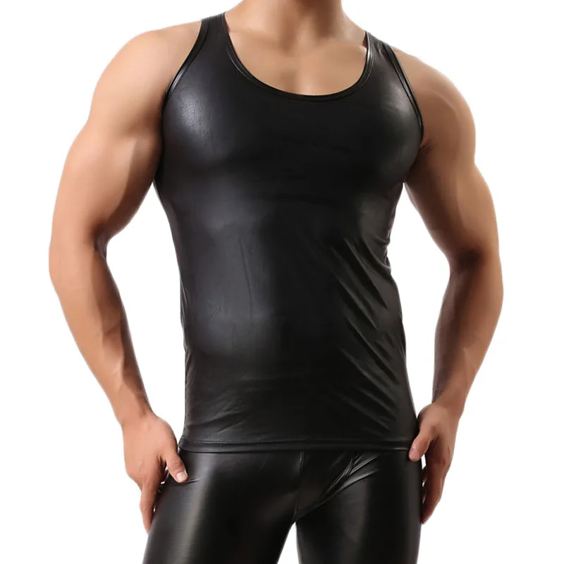 Сексуальная мужская футболка черная искусственная кожа короткий рукав PU майка жилет белье без рукавов Мужская майка для геев