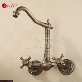 

All copper antique European style simple wall entrance kitchen hot and cold swivel faucet