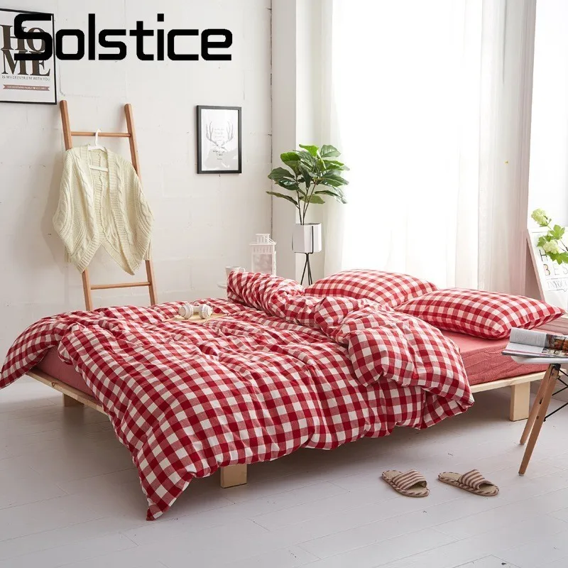 Solstice Home Textile Red Plaid Lattice Duvet Cover Pillowcase Flat Bed Sheet Nordic Simple Cotton Girls Bedding Linens Set Full | Дом и сад