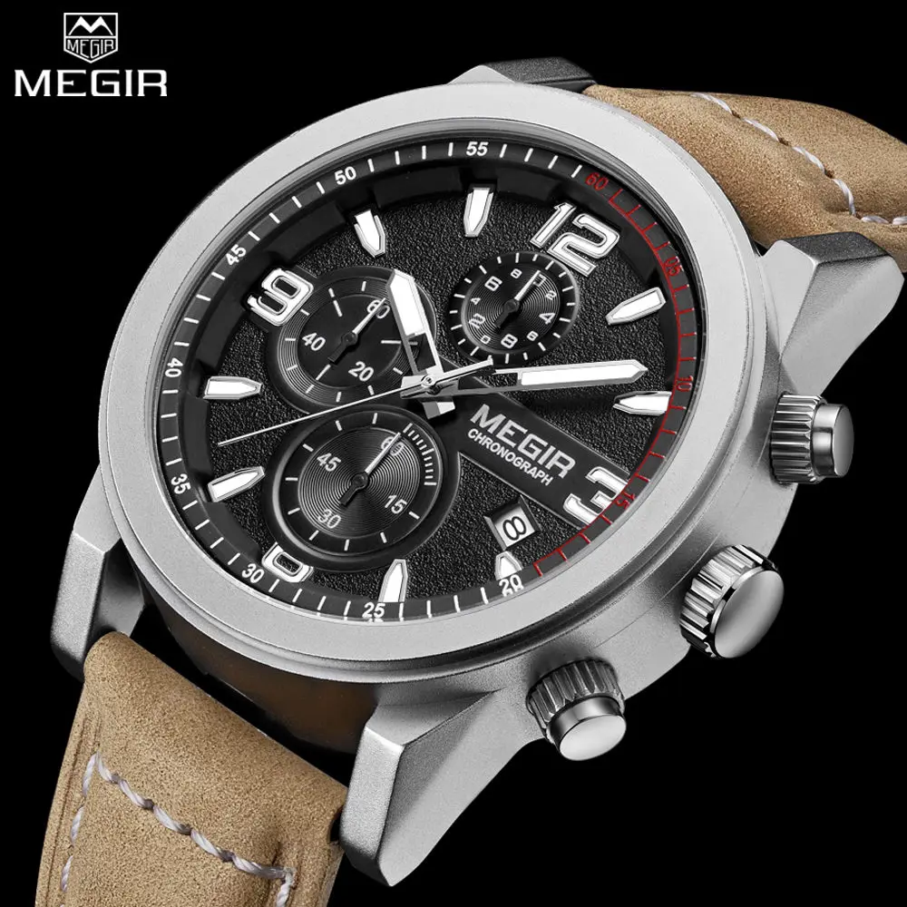 MEGIR Men Casual Watch Chronograph Engraved Dial Genuine Leather Auto Date Multifunction Waterproof Watch Male Glow