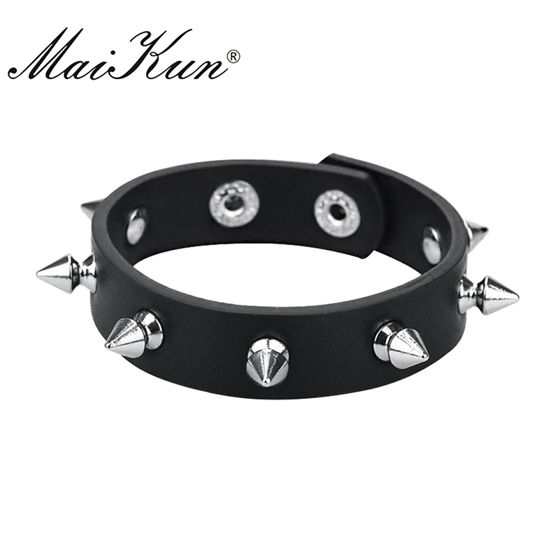 

Maikun Halloween Harajuku Gothic Cuspidal Spikes Rivet Black Leather Bracelets & Bangles Punk Thin Bracelet Women Men & Jewelry