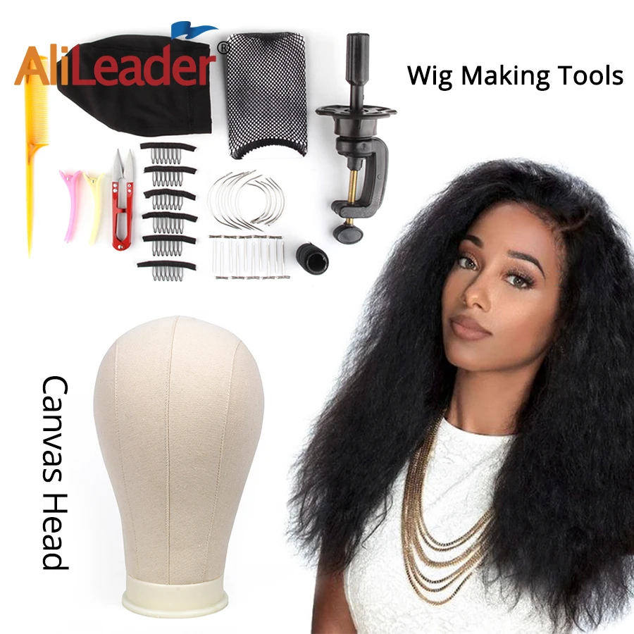 AliLeader 11 PCS Wig Making Kit Canvas Block Head With Stand Mannequin Head Diy Dome Wig Cap Combs Needles T pins Thread Clamp