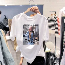 Women Round Neck White T-shirt Top Tees Fashion Print Short Sleeve Women Casual T Shirt for Lady Girl Tops