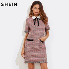 Шеин контрастным бантом Средства ухода за кожей Шеи fringe trim Tweed прямое платье осень многоцветный контрастным воротником короткий рукав элегантное платье