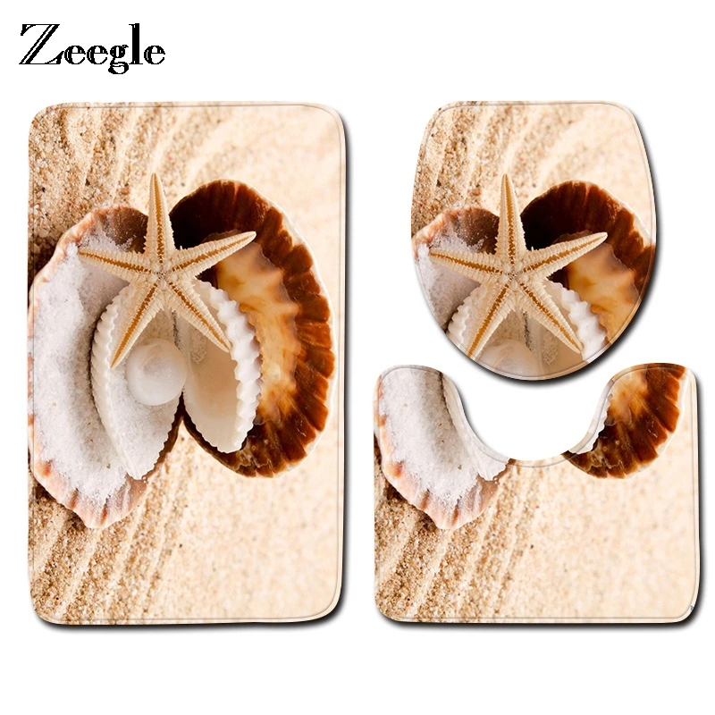 

Zeegle Non-slip Bathroom Floor Mats Kitchen Absorbent Carpet Toilet 3Pcs Bath Area Mat Carpet Beach Shell Pattern Rugs