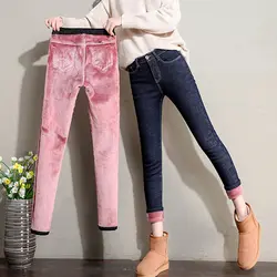 Плюс Размеры Streach джинсы Для женщин Street Wear Fashion Высокая Талия Джинсы для тонкий роковой теплые добавить шерсть утолщаются ноги джинсы