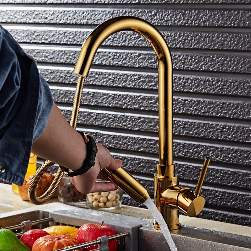  Luxury Gold Single Handle Kitchen Faucet Pull Out Sprayer 360 Rotatable Single Hole Sink Mixer Tap - 32815943151