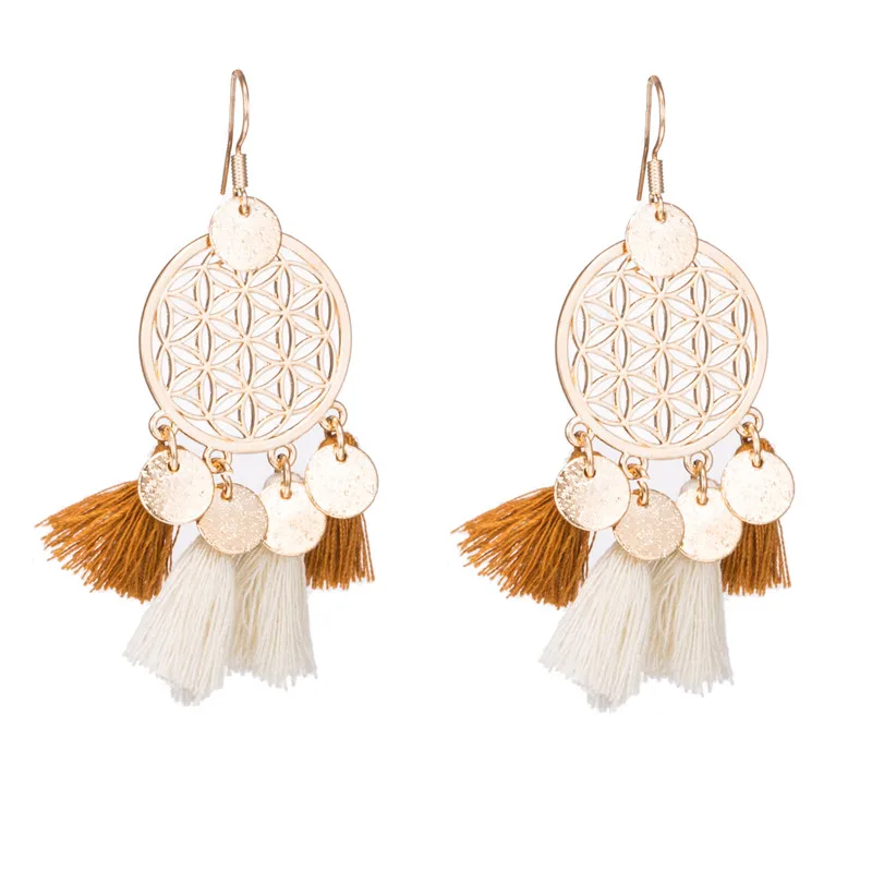 Gold color round sequins boho ethnic tassel drop earrings Women ladies fashion earring bohemia statement vintage wedding - Окраска металла: E020250