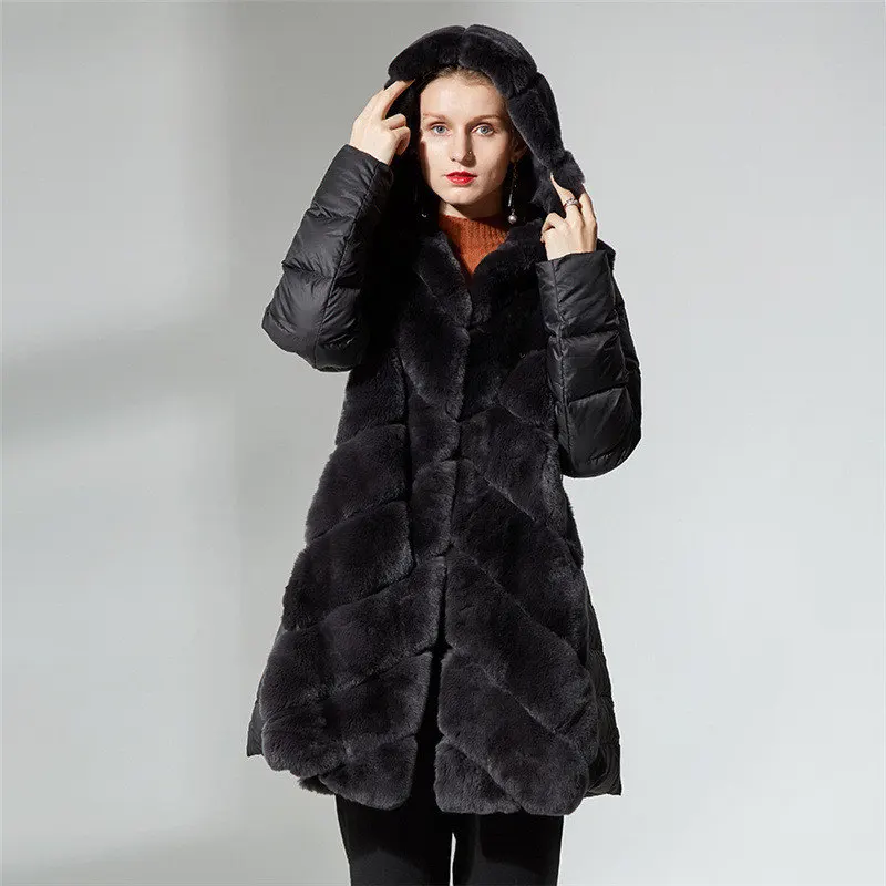 

2019 new natural real rex rabbit fur coat with down sleeves with hood 100% genuine rex rabbit fur with belt winter thick