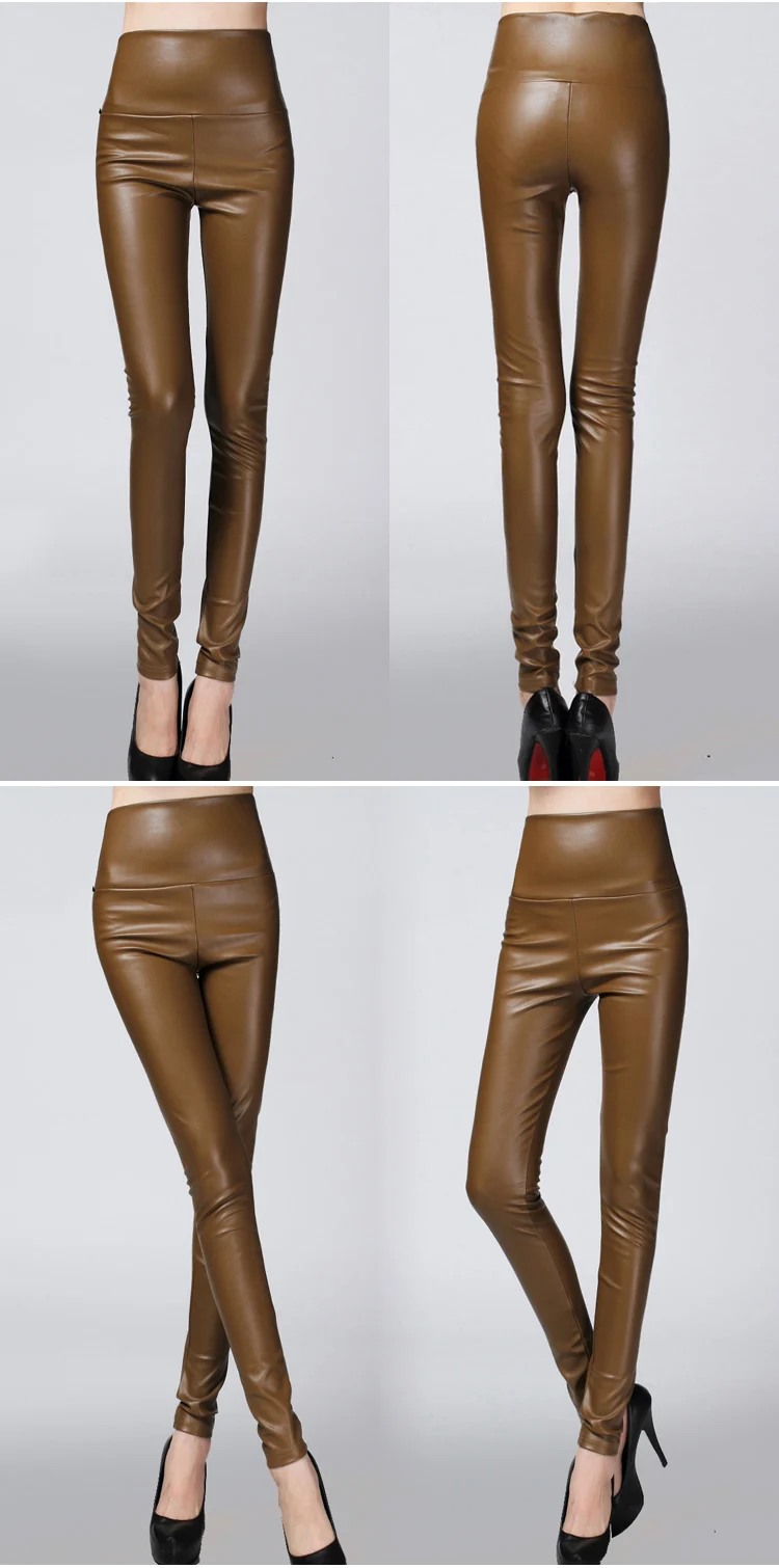 Autumn and winter large size with fleece PU color imitation leather leggings high waist tight leather trousers for women slim (25)