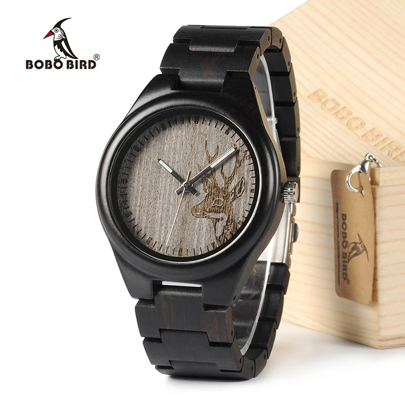 BOBO BIRD I26 Mens Unique Ebony Wooden Watches Deer Head Dial Casual Quartz Wrist Watches With Wood Links In Gift Watch Box