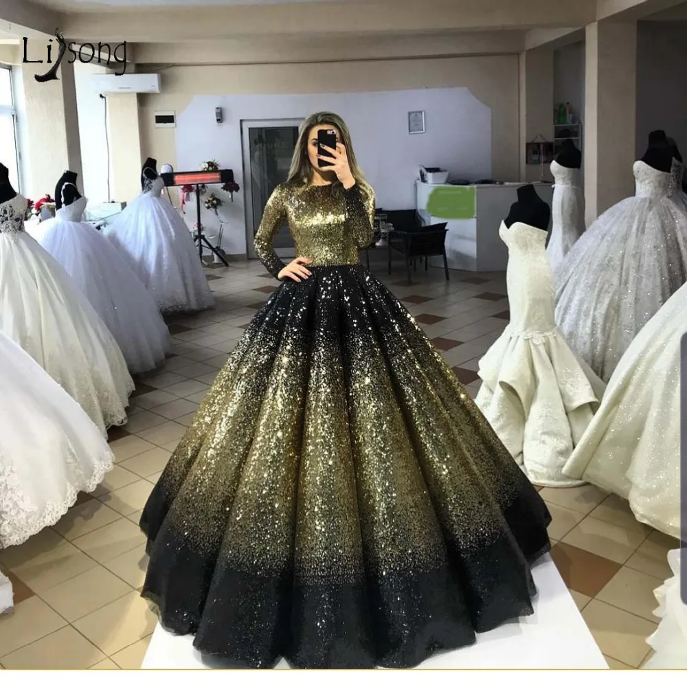 Шикарные шикарные золотисто-черные пышные платья с блестками для выпускного вечера с высоким воротником и длинными рукавами, мусульманские длинные платья для выпускного вечера, Роскошные вечерние платья Abiye