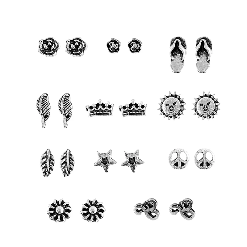 11 pairs/set Multi-element leaf Crown star Earrings alloy Multi-piece Suit for Women Girl Fashion Jewelry | Украшения и