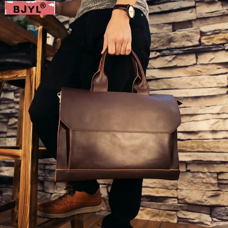 

BJYL British men's 14" Laptop bag business retro Brifecase crazy horse skin handbag men shoulder messenger bags