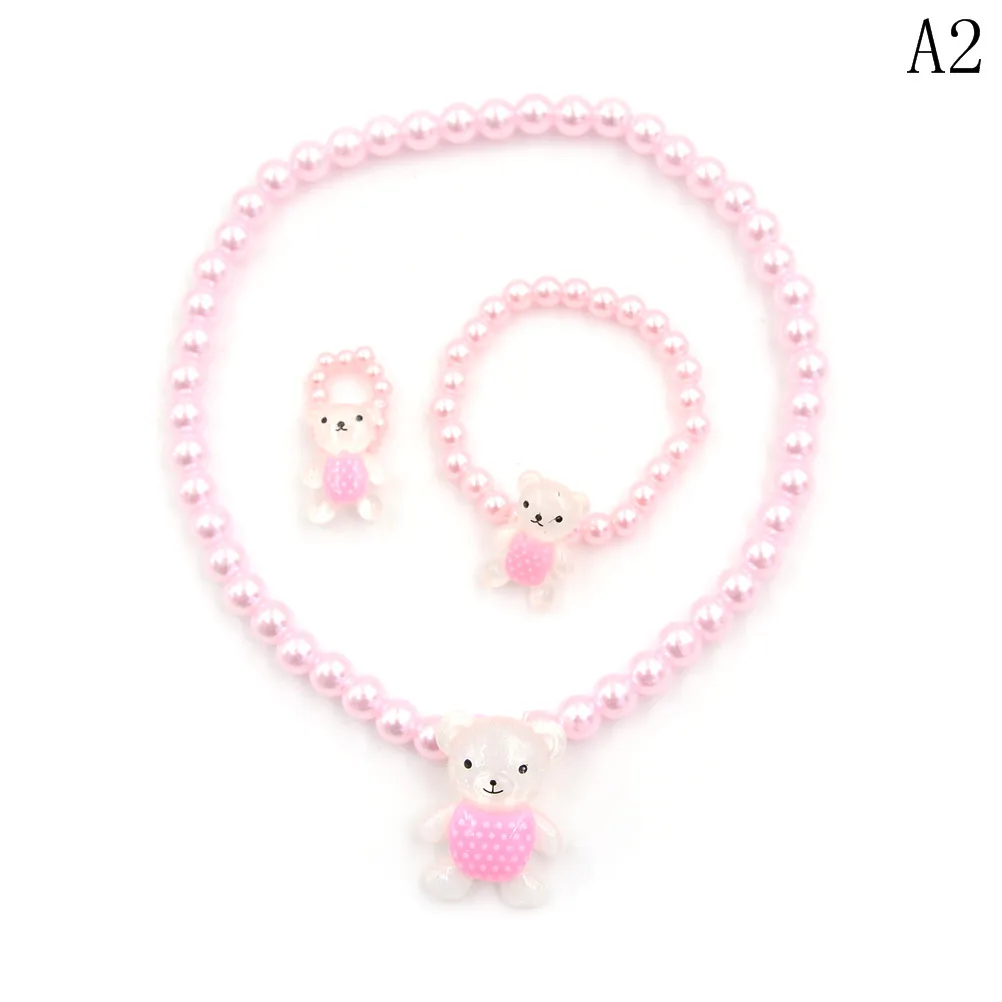 Ожерелье с искусственным жемчугом для маленьких девочек, украшенное бусинами и животным Кроликом, медведем, браслет, кольца, ювелирный набор, детский подарок на вечеринку