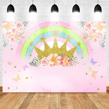 Flower Backdrop for Photography Rainbow Photo Background Birthday Party Backdrops Golden Crown for Girls Pink Theme for Shoot