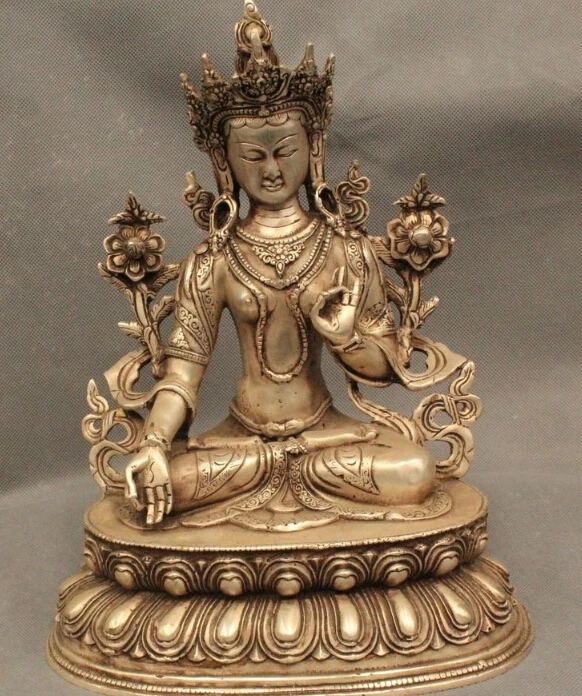 

Free Shipping 12" Chinese Tibet Old Silver Seat White Goddess Yin Buddha Statue