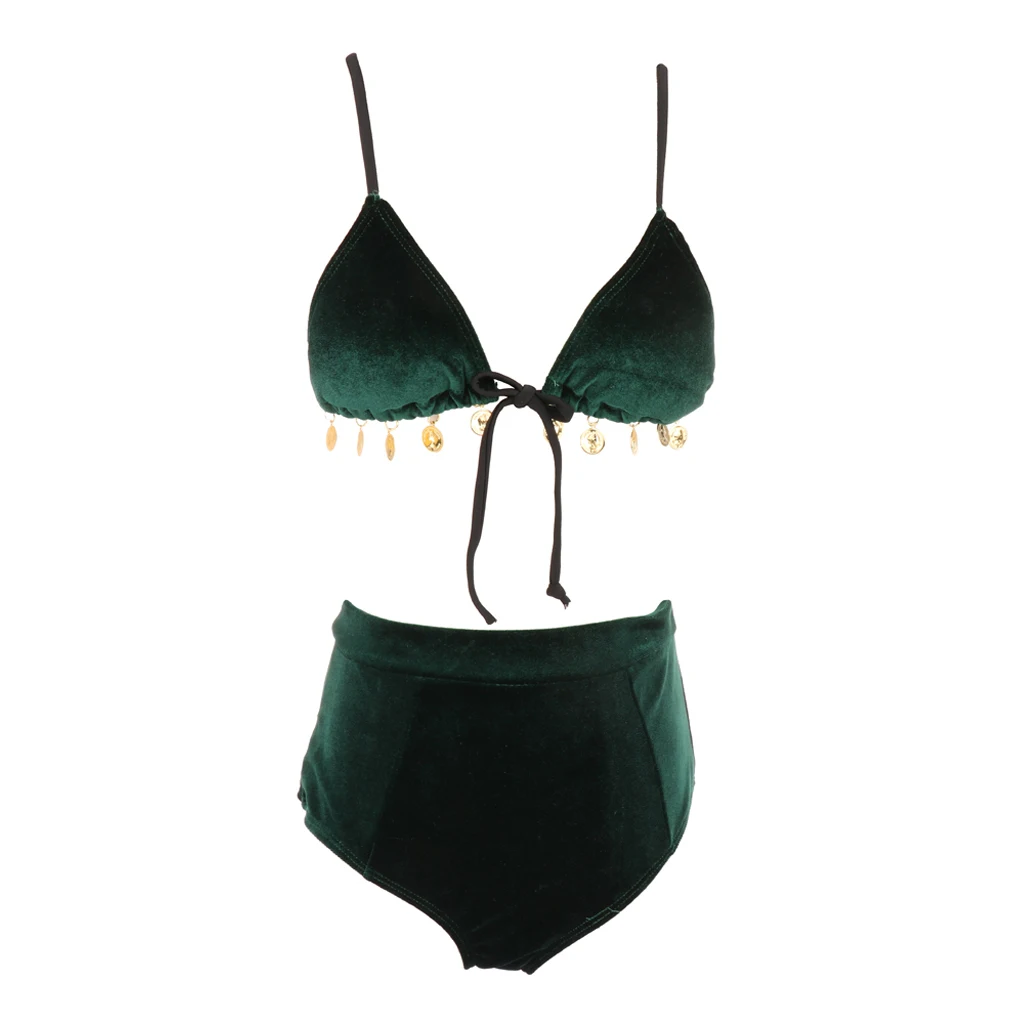 Velvet Two Piece Swimsuit Push up Bikini Set Green Bathing Suit Padded Summer Beachwear for Women Ladies