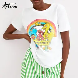 Artsnie мультфильм печати уличная женская футболка лето 2019 О образным вырезом с коротким рукавом белые топы футболки повседневные