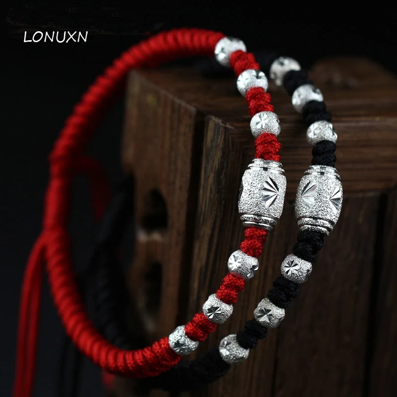Goede Een paar (2 stuks) 925 Sterling Zilveren man (zwart) + vrouwen (Rood) String Armband kralen geluk kan belettering hand touw liefhebbers gift