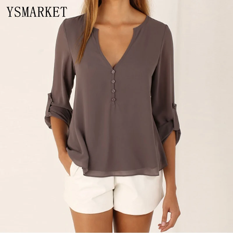 2018 Women Plus Size 5XL Brown Long Sleeve Chiffon Blouse Tops Lady