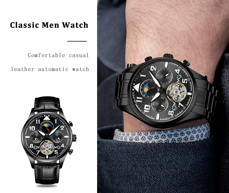 HAIQIN, модные наручные часы, мужские часы, Топ бренд, роскошные механические часы, кожа, мужские военные турбийон, Relogio Masculino