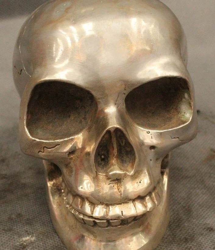 

4"China Chinese Sillver Lifelike Skull Head By Gamble Statue