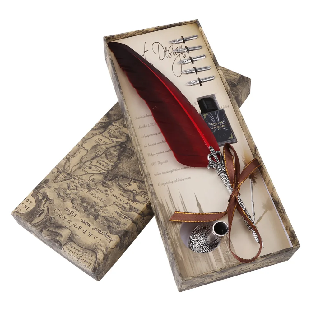 

1Set English Calligraphy Feather Dip Pen Writing Ink Set Stationery Gift Box with 5 Nib Wedding Gift Quill Pen Fountain Pen New