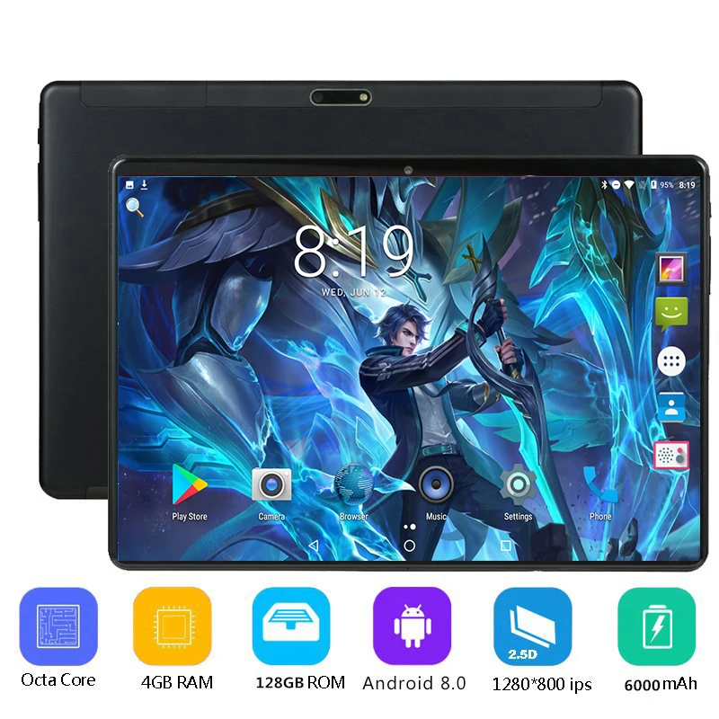 

10 Inch Android Tablet 4GB RAM 128GB ROM Google Android 8.0 OS Dual Camera WiFi 1280x800 IPS 2.5D 3G 4G LTE Free 64g card