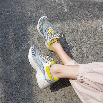 

Yellow Womens Sneakers Shoes 2019 Fashion Designer Wedge Shoes Sexy Leopard Lace Up Casual Shoes Brand Platform Tenis Feminino