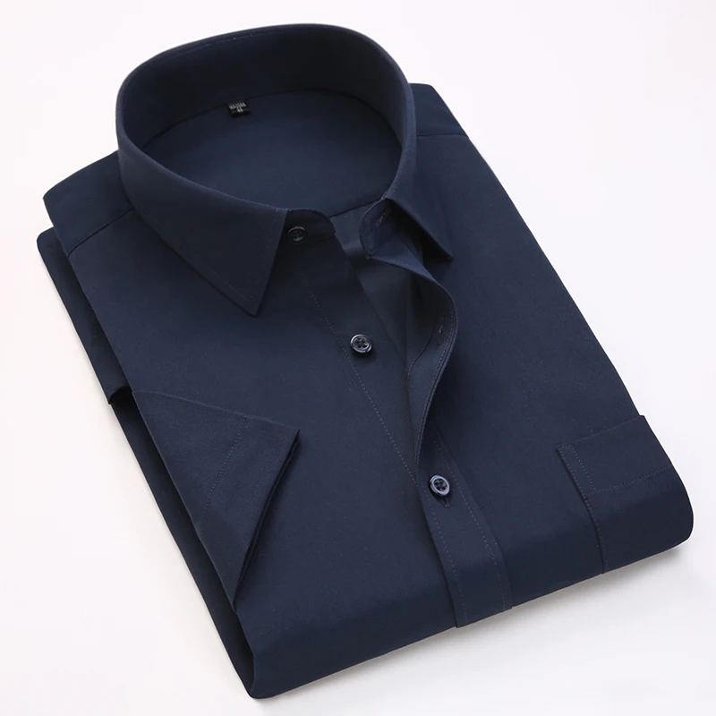 Summer business work shirt square collar short sleeved plus size S to 7xl solid twill striped formal men dress shirts no fade dress shirts