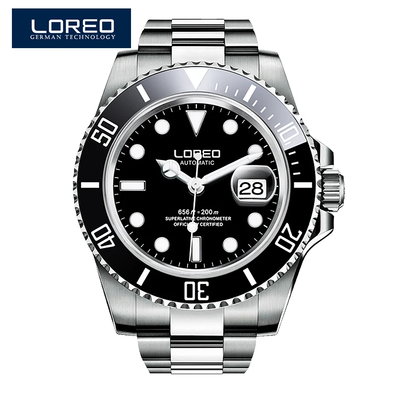 

LOREO Austrian diamond automatic mechanical men luxury brand diver Black Dial Rotatable Bezel Luminous Men Stainless Steel Watch