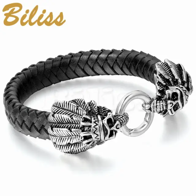 New Men S Stainless Steel Leather Bracelet Bangle Silver Black New Men S Stainless Steel Leather Bracelet Bangle Silver Black Native American Indian Skull 9 Inch Pulseira