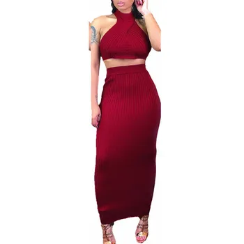 

2019 Summer Women Bodycon Two Piece Set Crop Top and Pants Sexy Outfits Long Skirts Sets